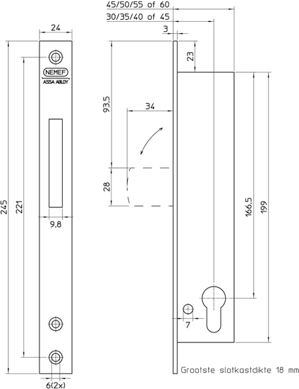 Afbeeldingen van 9663/07-35 ZWENKSCHOOTSLOT, DM35MM, VOORPLAAT RVS 24X245MM RECHTHOEKIG, STAAL VERZINKTE ZWENKSCHOOT, DR 1+2+3+4.