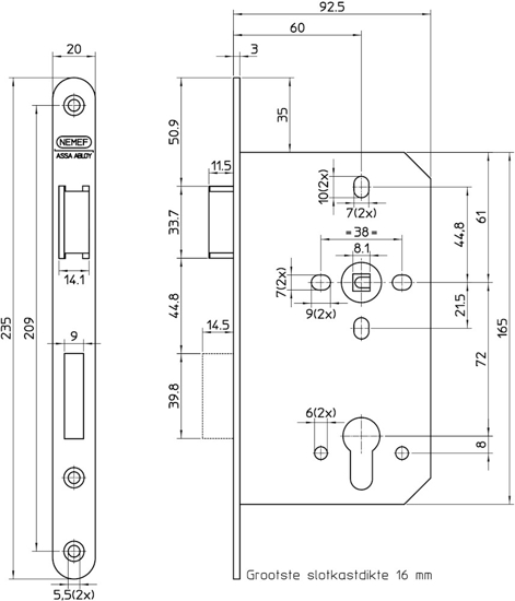 Afbeeldingen van 649/46-60 DR.1 PANIEKDEURSLOT, DM60MM, PC72MM, KRUKGAT 8MM GEDEELD, VOORPLAAT RVS 20X235MM AFGEROND, MESSING DAG- EN NACHTSCHOOT, EN179, CE MARKERING, DR 1.