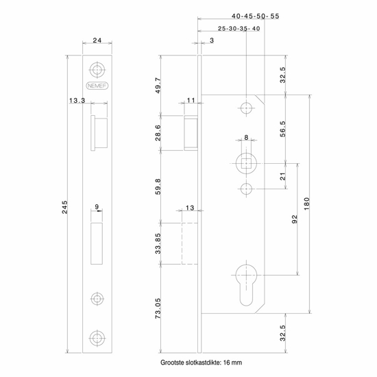 Afbeeldingen van 8791/14-40 DR.2+4 DEURSLOT, DM40MM, PC92MM, KRUKGAT 8MM, VOORPLAAT STAAL VERZINKT 24X245MM RECHTHOEKIG, MESSING DAG- EN NACHTSCHOOT, DR 2+4.