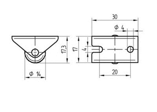 Afbeeldingen van BOKWIEL, VORK VAN GEPERST STAALPLAAT, VERZINKT-CHROMATISEERD, WIELAS GEKLONKEN, PLAATBEVESTIGING. WIELKERN VAN POLYAMIDE, WIELNAAF OP GLIJLAGER