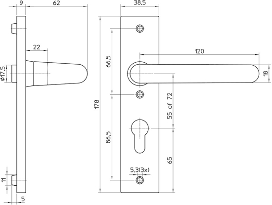 Afbeeldingen van 3252 FP 72MM LS BESLAG KORTSCHILD RECHTHOEKIG, D KRUK-KNOP, BESLAGSET, GEVEERD, KRUKSTIFT 8MM, F1 ALUMINIUM, PC72-PC72, DRAAIRICHTING LINKS