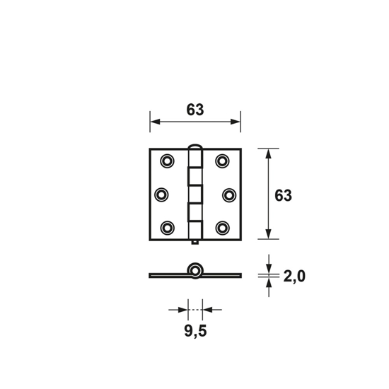 Afbeeldingen van ONGELAGERD SCHARNIER/63X63X2.0/RECHTHOEK/STAAL TOPCOAT